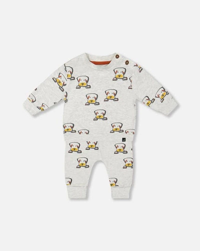 Deux Par Deux Baby Boy's Organic Cotton Top And Evolutive Pant Set Heather Beige With Printed Dog in Heather Beige Printed Dog at Nordstrom