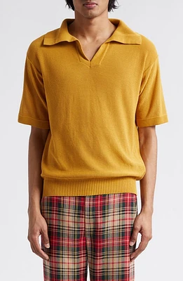 Bode Boxy Cotton Polo Brown Yellow at Nordstrom,