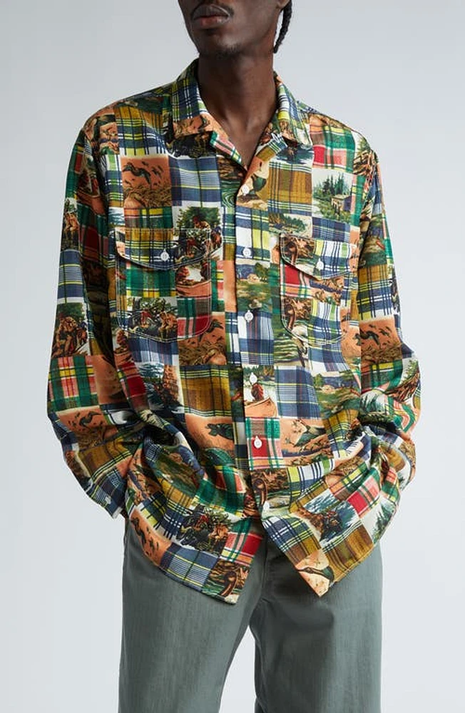 BEAMS Work Classic Patchwork Panel Jacquard Button-Up Shirt P/W 90 at Nordstrom,