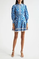 Alice + Olivia Loren Mixed Print Long Sleeve Stretch Cotton Minidress Artisan Ikat French Blue at Nordstrom,