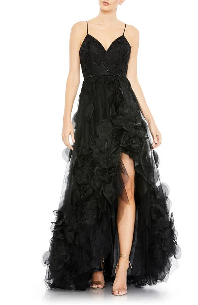 Mac Duggal Floral Appliqué High-Low Gown Black at Nordstrom,