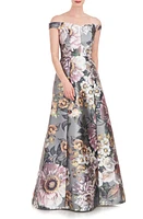 Kay Unger Garland Floral Print Off the Shoulder Gown in Sage Gray at Nordstrom, Size 4