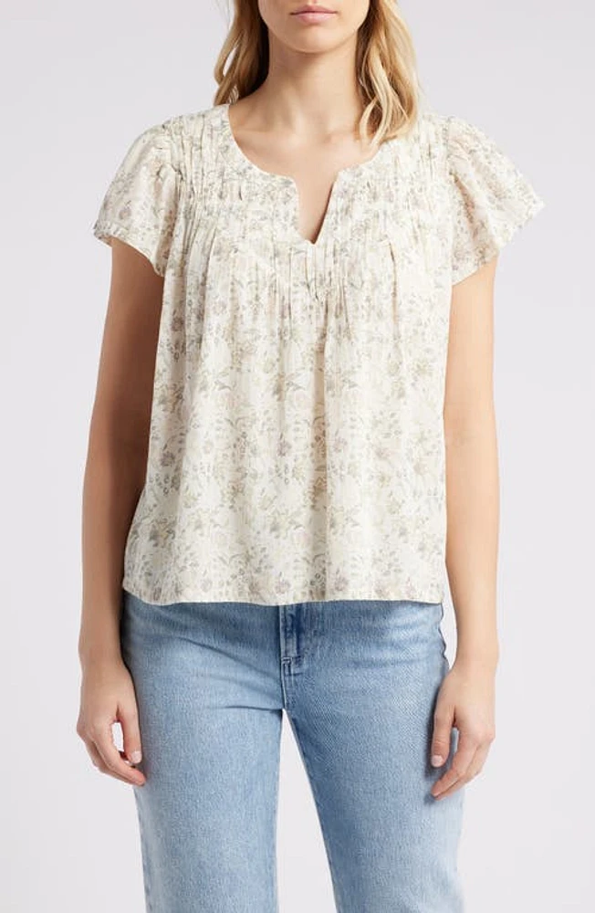 Lucky Brand Floral Flutter Sleeve Cotton Top Egret Multi at Nordstrom,