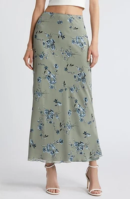 Open Edit Chiffon Maxi Skirt Green- Blue Smudge Floral at Nordstrom,