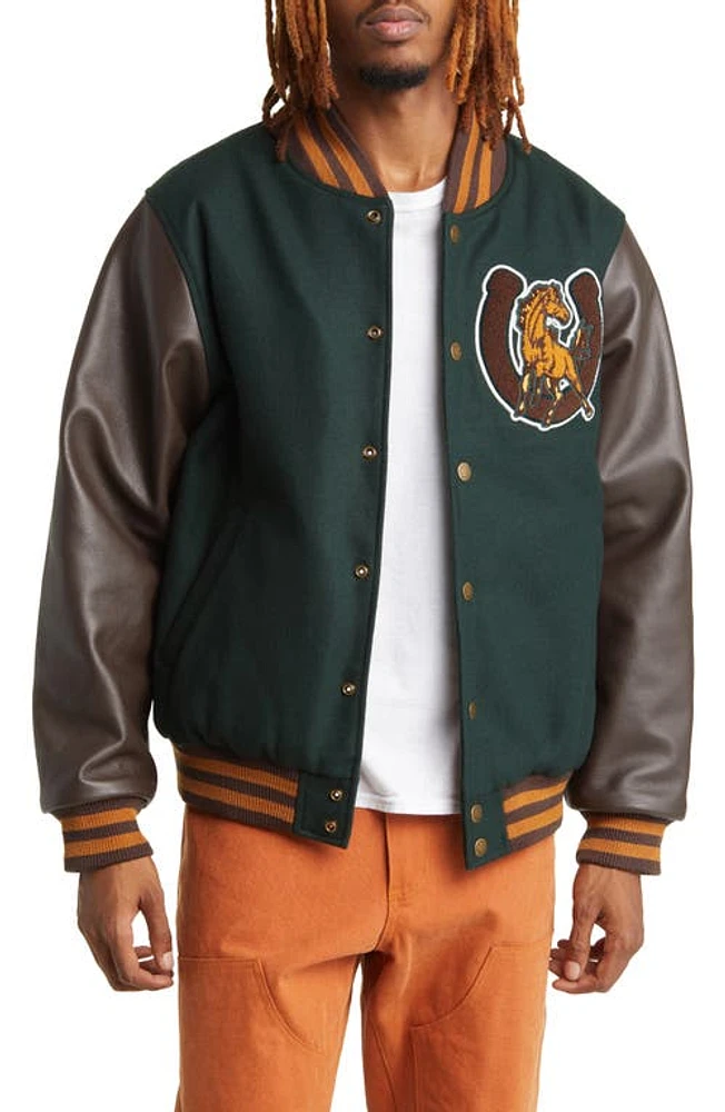 ONE OF THESE DAYS Mustang Wool & Leather Varsity Bomber Jacket Green/Brown at Nordstrom,