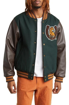 ONE OF THESE DAYS Mustang Wool & Leather Varsity Bomber Jacket Green/Brown at Nordstrom,