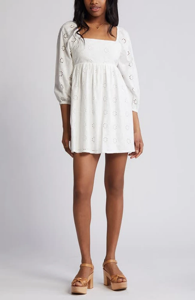 BP. Puff Sleeve Eyelet Babydoll Minidress White Blanc at Nordstrom,