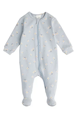 FIRSTS by Petit Lem Daisy Print Rib Organic Cotton One-Piece Footie Pajamas Blue Light at Nordstrom,