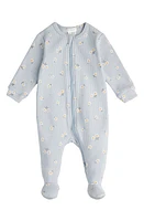 FIRSTS by Petit Lem Daisy Print Rib Organic Cotton One-Piece Footie Pajamas Blue Light at Nordstrom,