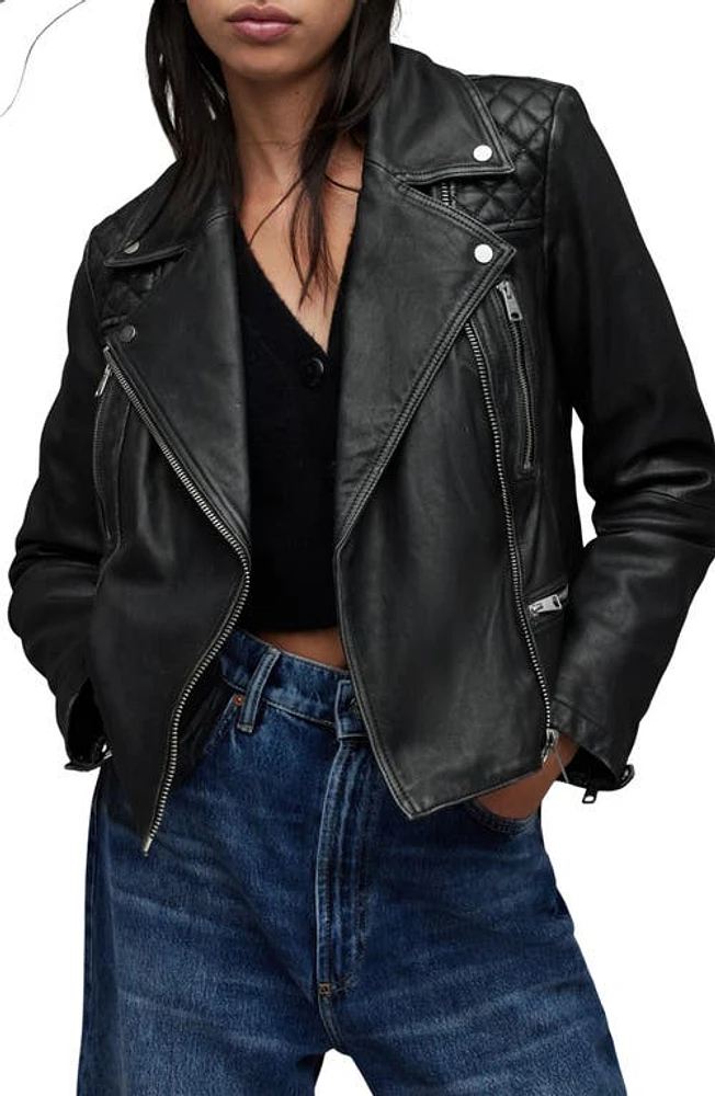 AllSaints Cargo Distressed Leather Biker Jacket Black/Grey at Nordstrom, Us