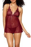 Dreamgirl Lace Trim Mesh Babydoll Chemise & G-String Thong Burgundy at Nordstrom