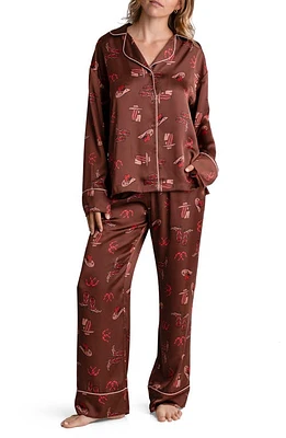 Midnight Bakery Howdy Print Satin Pajamas Brown at Nordstrom,