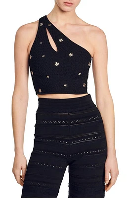 sandro Esma Embellished One-Shoulder Crop Sweater Tank in Black at Nordstrom, Size 0