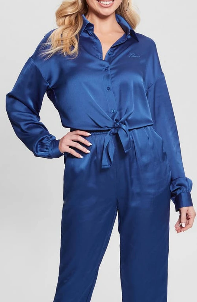 GUESS Jun Satin Tie Hem Button-Up Shirt Blue at Nordstrom,