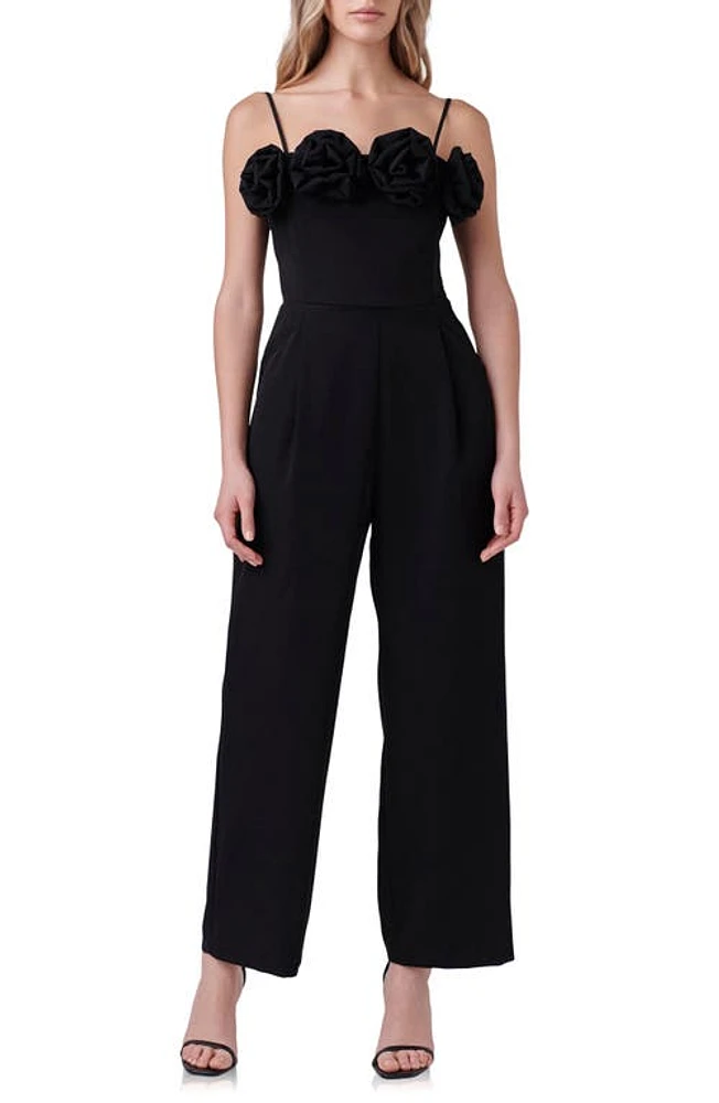 Endless Rose Rosette Trim Wide Leg Jumpsuit Black at Nordstrom,