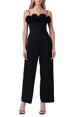 Endless Rose Rosette Trim Wide Leg Jumpsuit Black at Nordstrom,