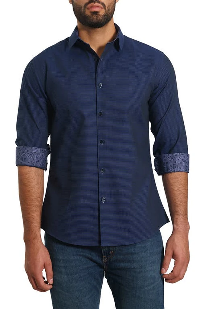 Jared Lang Trim Fit Jacquard Dot Button-Up Shirt Navy at Nordstrom,