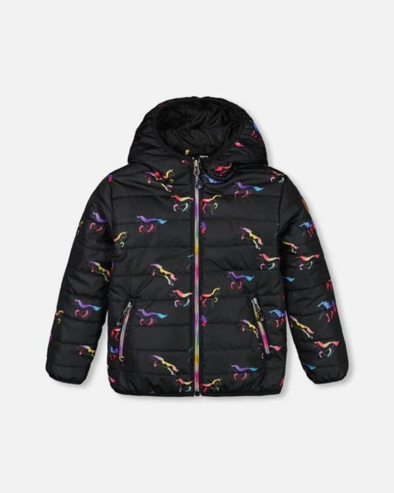 Deux Par Deux Girl's Quilted Mid-Season Jacket Black Printed Multicolor Unicorns in Black Printed Unicorns at Nordstrom, Size 12