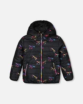 Deux Par Deux Girl's Quilted Mid-Season Jacket Black Printed Multicolor Unicorns in Black Printed Unicorns at Nordstrom, Size 12