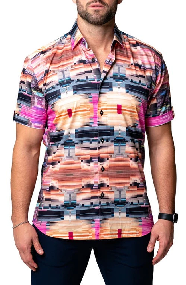 Maceoo Galileo Glitch Multi Short Sleeve Contemporary Fit Button-Up Shirt Pink at Nordstrom,