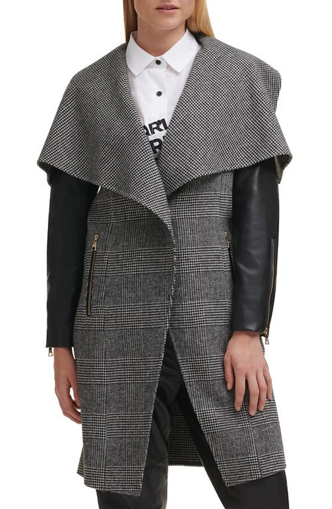 Karl Lagerfeld Paris Mix Plaid Drape Collar Wool Blend Coat Black-White at Nordstrom,