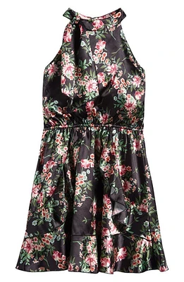 Ava & Yelly Kids' Floral Mock Neck Satin Dress Multi Black at Nordstrom,