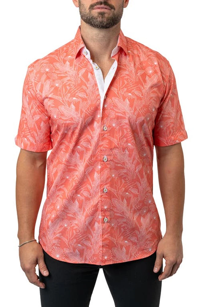 Maceoo Galileo Leaf 45 Orange Contemporary Fit Short Sleeve Button-Up Shirt at Nordstrom