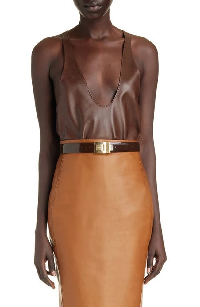 Saint Laurent Plunge Halter Neck Leather Tank Top Brun Chene at Nordstrom, Us