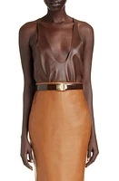 Saint Laurent Plunge Halter Neck Leather Tank Top Brun Chene at Nordstrom, Us