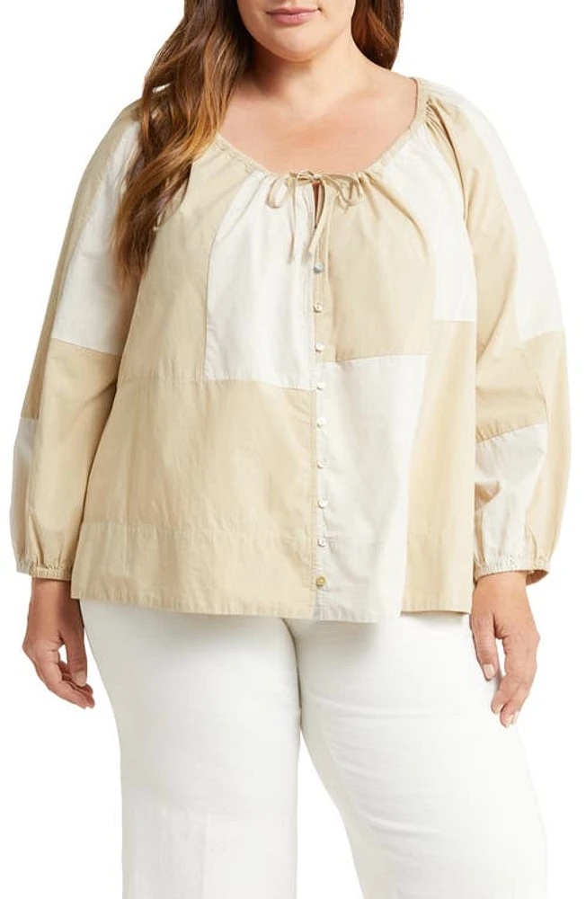 Madewell Patchwork Tie Front Poplin Top in Summer Dune at Nordstrom, Size 1X