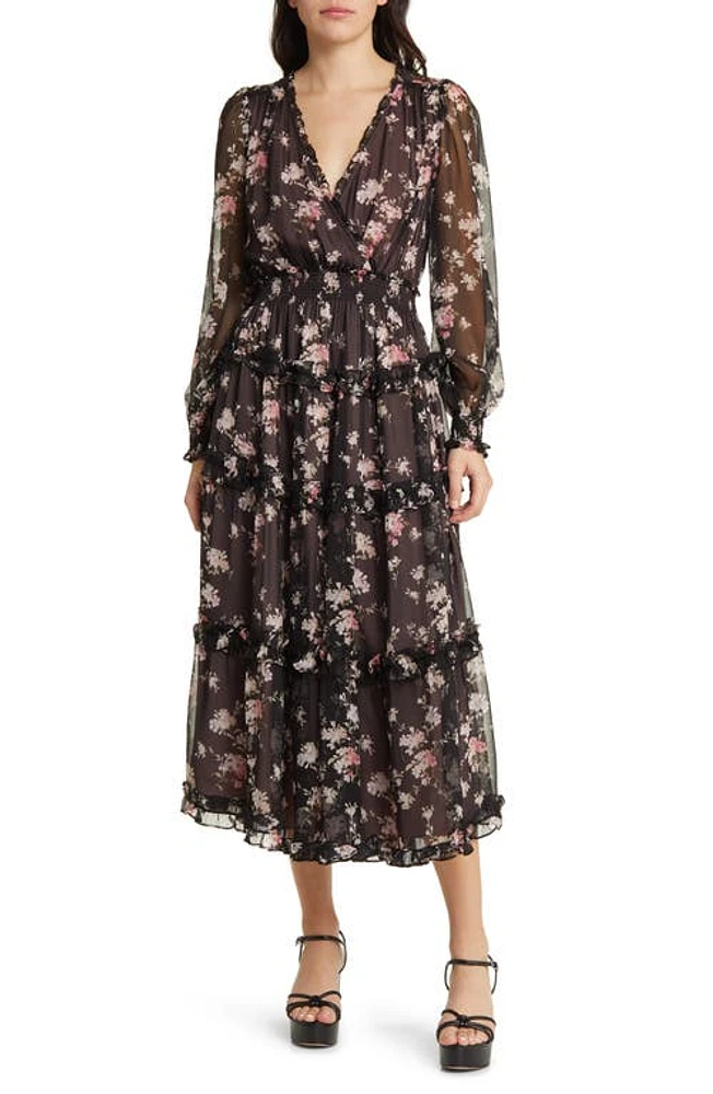 LoveShackFancy Kailo Floral Ruffle Long Sleeve Tiered Silk Midi Dress Aurora Nights at Nordstrom,