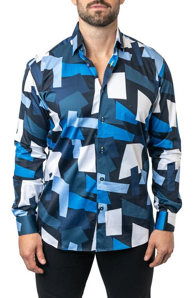 Maceoo Fibonacci Retro Blocks Cotton Button-Up Shirt Blue at Nordstrom,