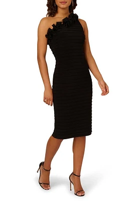 Adrianna Papell Ruffle Pintuck One-Shoulder Jersey Midi Sheath Dress Black at Nordstrom,