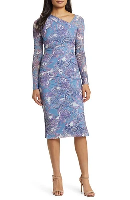 Vince Camuto Print Asymmetric Neck Long Sleeve Mesh Dress Blue at Nordstrom,