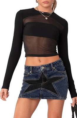 EDIKTED Azal Mesh Panel Long Sleeve Top Black at Nordstrom,