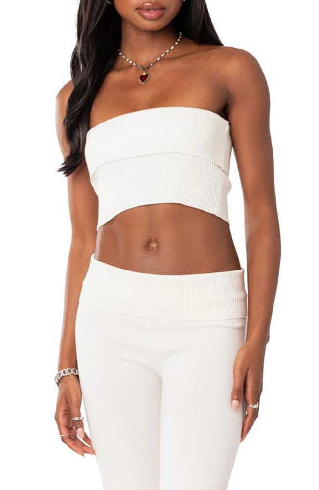 EDIKTED Desiree Foldover Strapless Rib Knit Crop Top in White at Nordstrom, Size X-Small