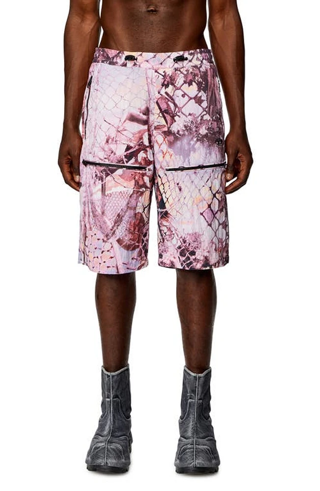 DIESEL P-McKell-Short Abstract Print Crinkled Nylon Shorts at Nordstrom,