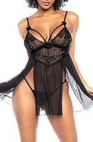 Mapale Strappy Lace & Mesh Chemise G-String Black at Nordstrom,