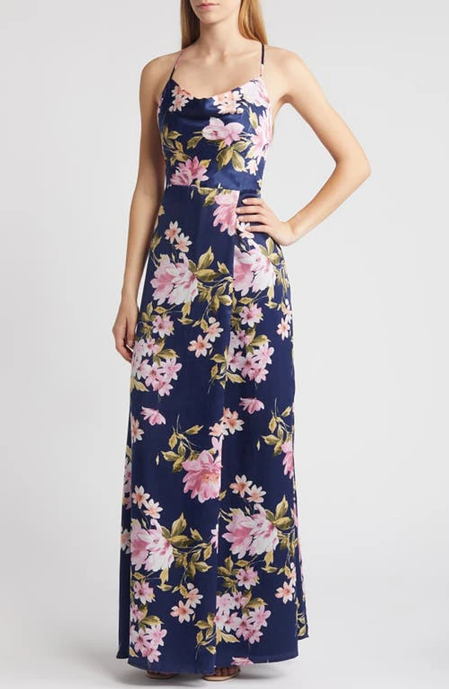 Lulus Love of Romance Floral Satin Gown Navy/Mauve/Green at Nordstrom,