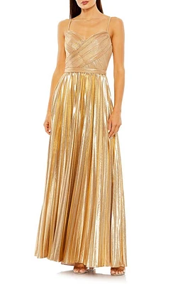 Ieena for Mac Duggal Metallic Pleated Gown Gold at Nordstrom,