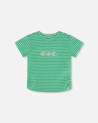 Deux Par Deux Girl's Crinkle Jersey Top With Flower Applique Vichy at Nordstrom