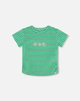 Deux Par Deux Girl's Crinkle Jersey Top With Flower Applique Vichy at Nordstrom