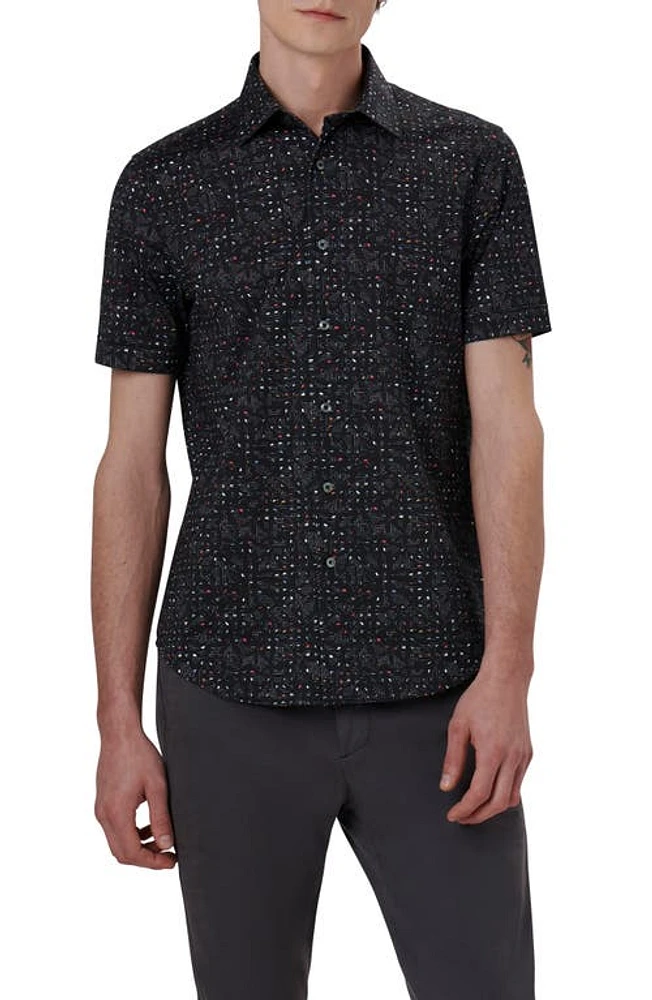 Bugatchi Miles OoohCotton Abstract Print Short Sleeve Button-Up Shirt Black at Nordstrom,