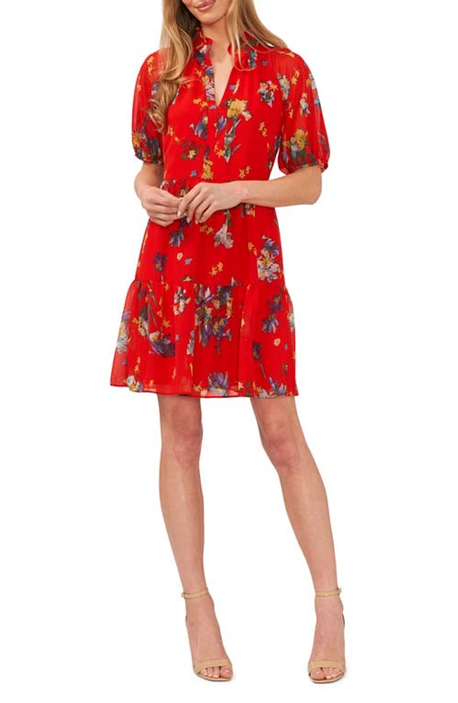 CeCe Floral Print Tiered Babydoll Dress in Fiery Red at Nordstrom, Size X-Small