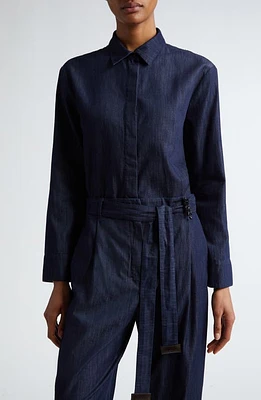 Max Mara Salice Denim Button-Up Shirt Navy at Nordstrom,