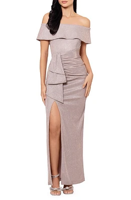 Xscape Evenings Metallic Ruffle Off the Shoulder Sheath Gown Blush/Silver at Nordstrom,