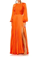 Ieena for Mac Duggal Pleated Long Sleeve Satin A-Line Gown at Nordstrom,