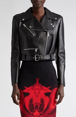 Alexander McQueen Leather Crop Biker Jacket in 1000 Black at Nordstrom, Size 8 Us