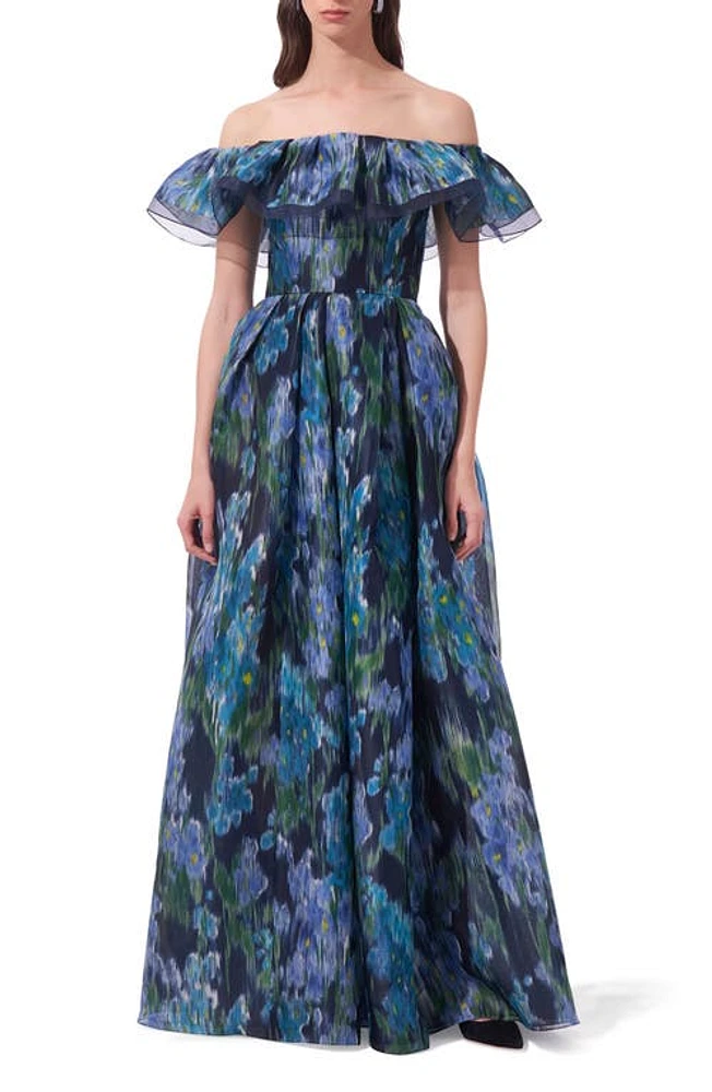 Carolina Herrera Floral Print Off the Shoulder Silk Chiffon Ballgown Midnight Multi at Nordstrom,