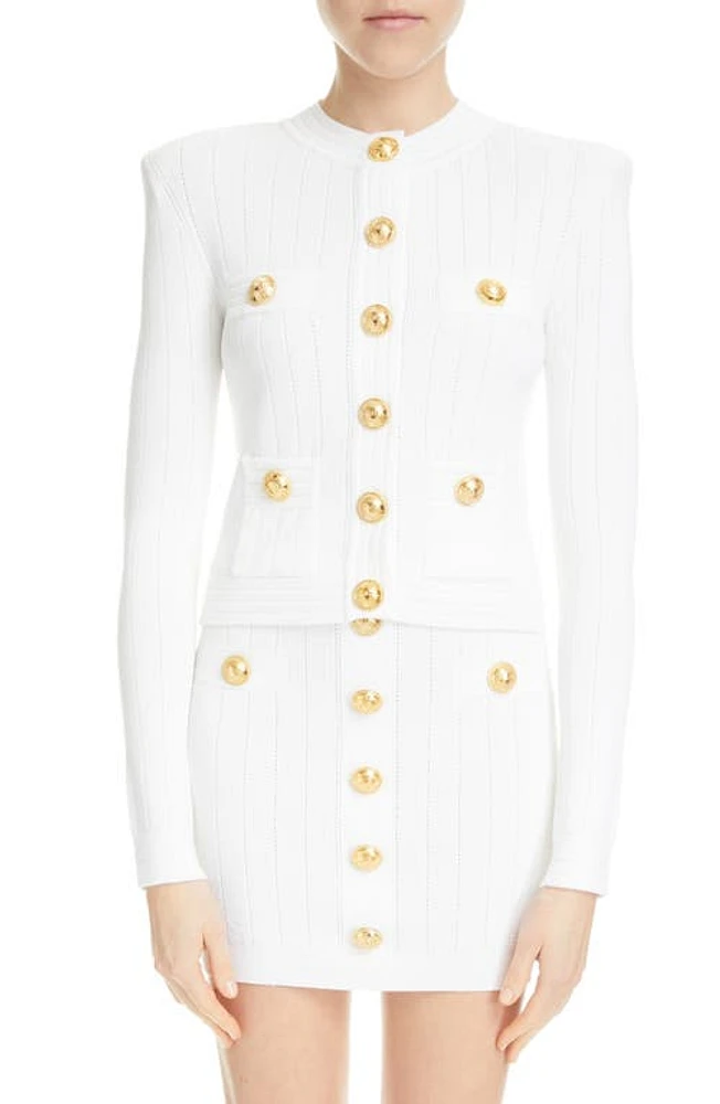 Balmain Four-Pocket Pointelle Cardigan in 0Fa White at Nordstrom, Size 6 Us